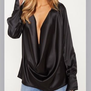 Black Extreme Cowl Longline Satin Shirt